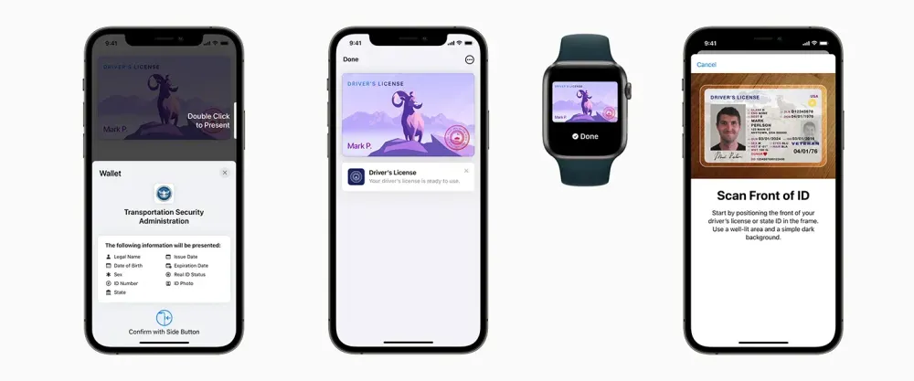 Three phones showing Apple Wallet's new digital license functionality